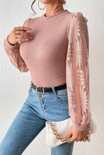 Sunflower Mesh Bubble Sleeve Waffle Knit Top | Peach Blossom