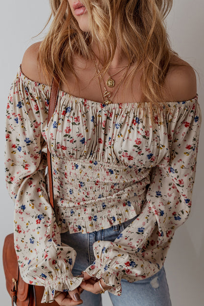 Boho Floral Print Smocked Waist V Neck Blouse | Beige