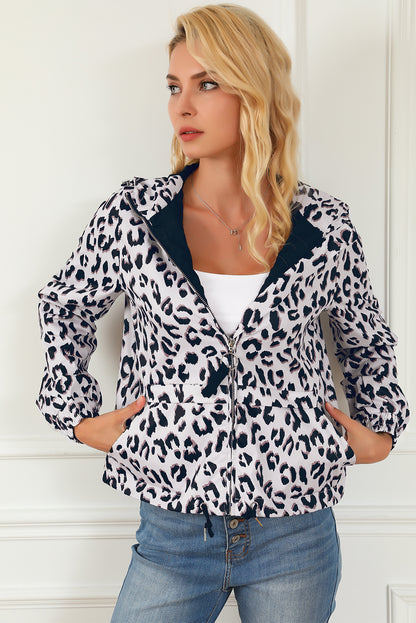 Zip Up Collared Hooded Windbreaker | Leopard