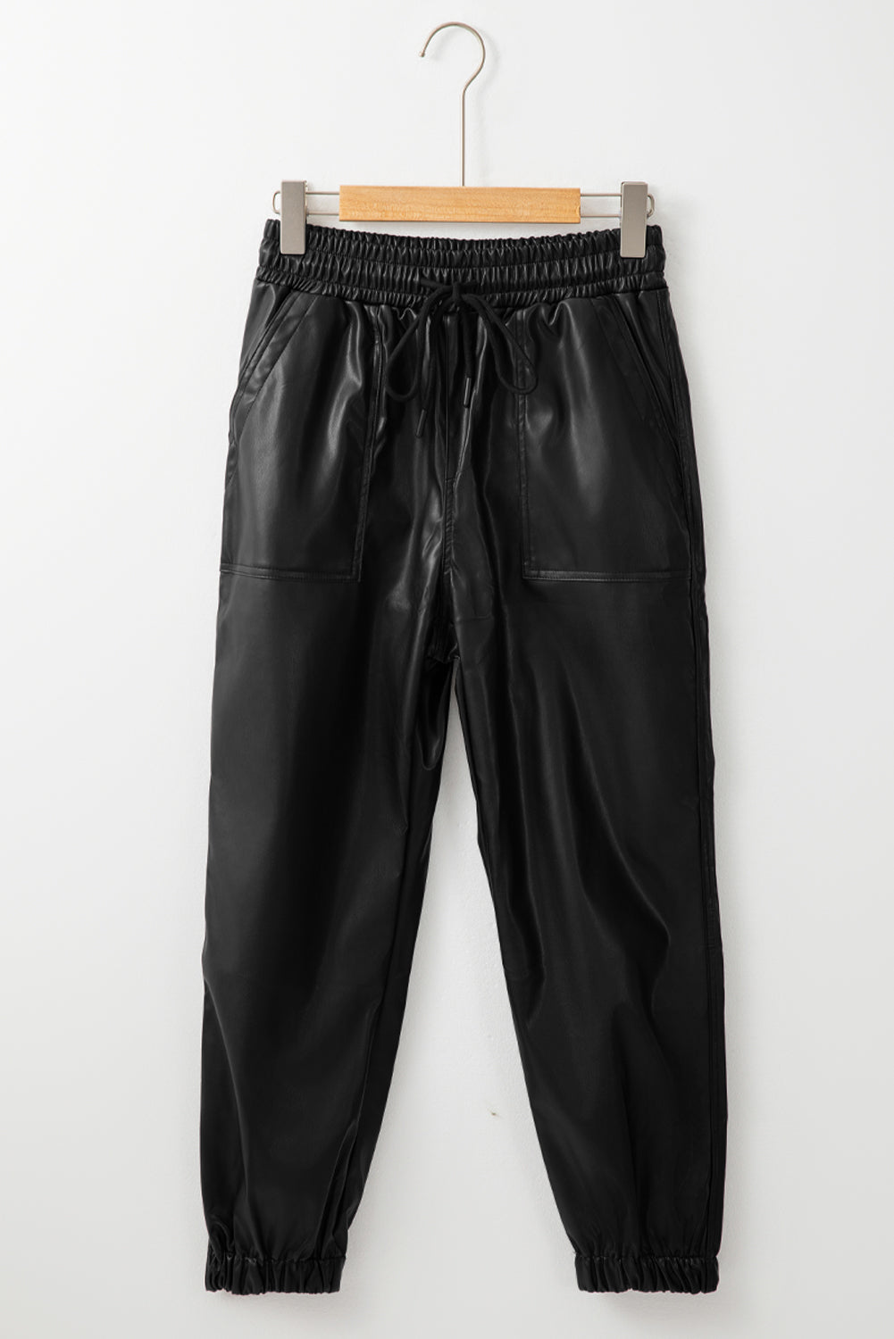 Faux Leather Ankle Smocked Waist Drawstring Joggers | Black