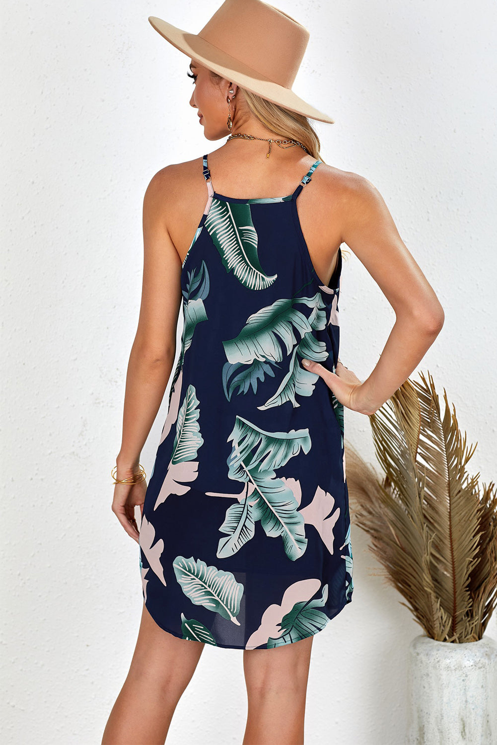 Palm Tree Leaf Print Navy Sleeveless Dress | as shown