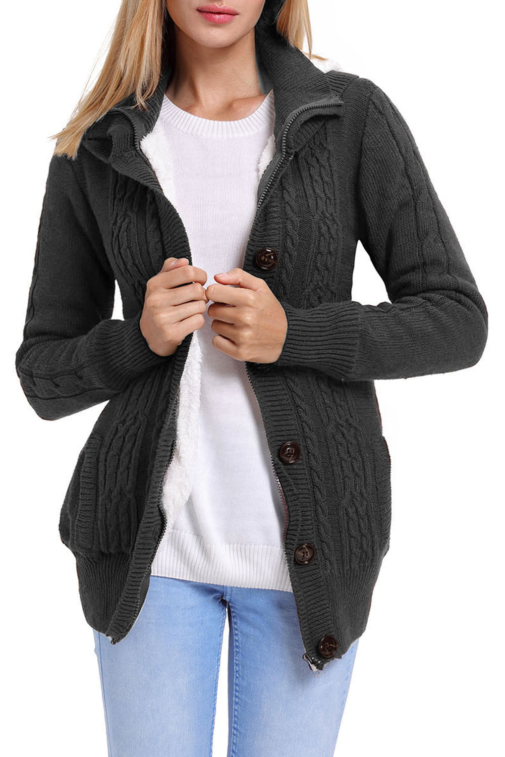 Charcoal Long Sleeve Button-Up Hooded Cardigans | as shown