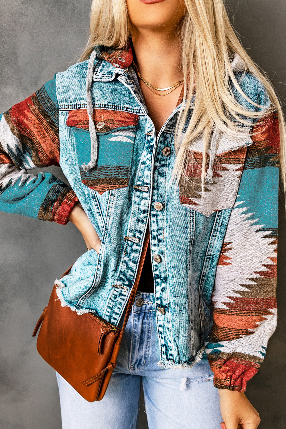 Aztec Print Frayed Hem Denim Jacket | Multicolour