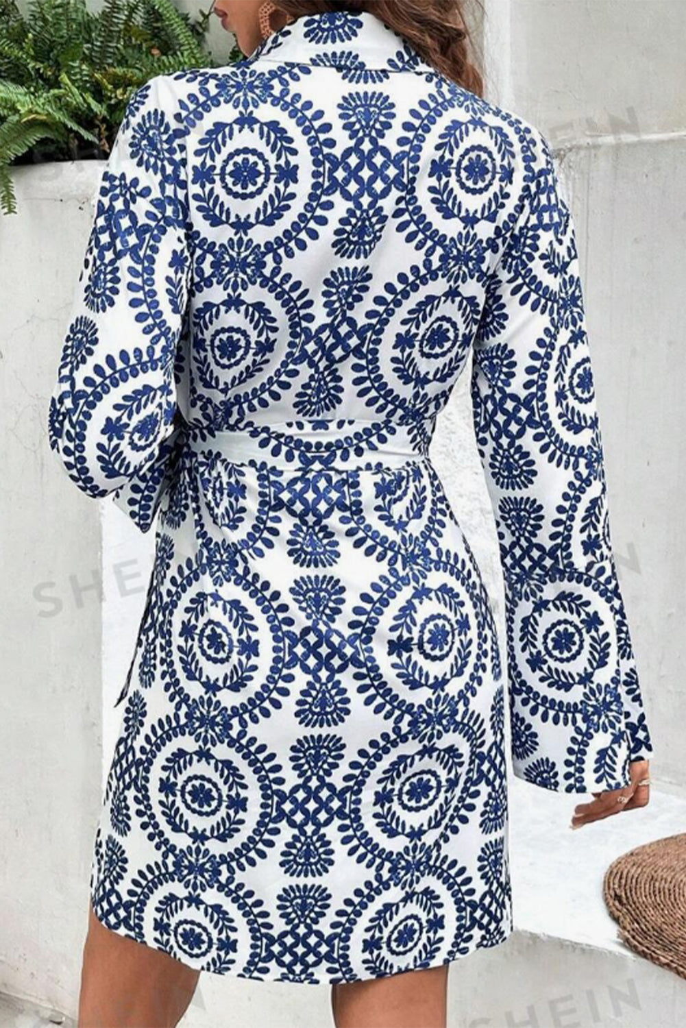 Floral Print V Neck Wrapped Knot Long Sleeve Dress | Blue