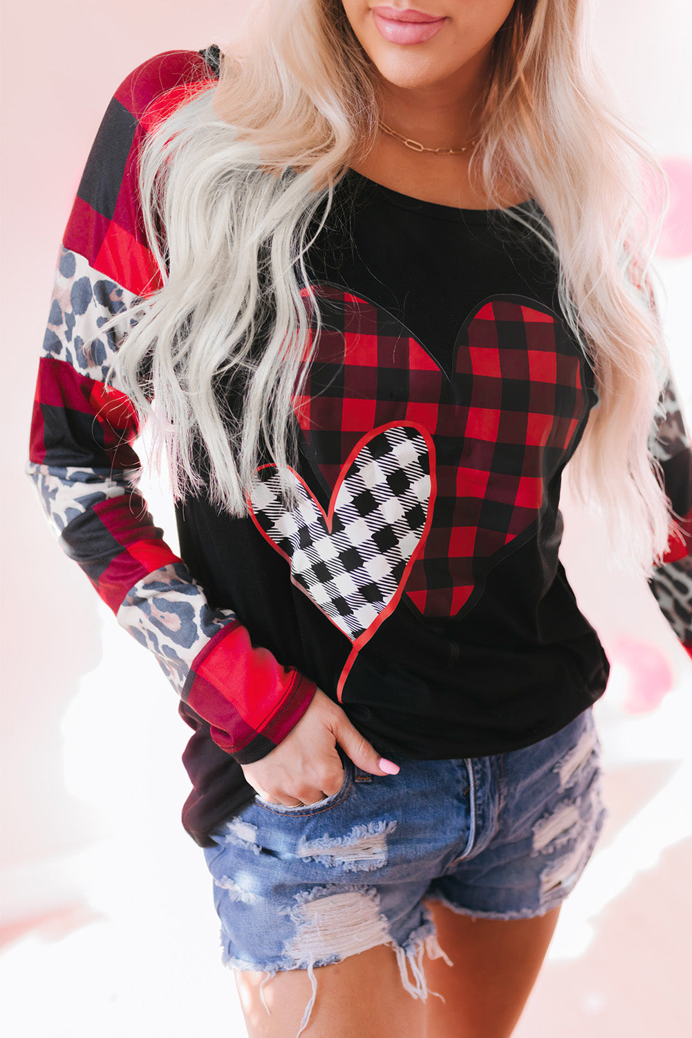 Valentines Heart Print Plaid Leopard Joint Sleeve Blouse | Black