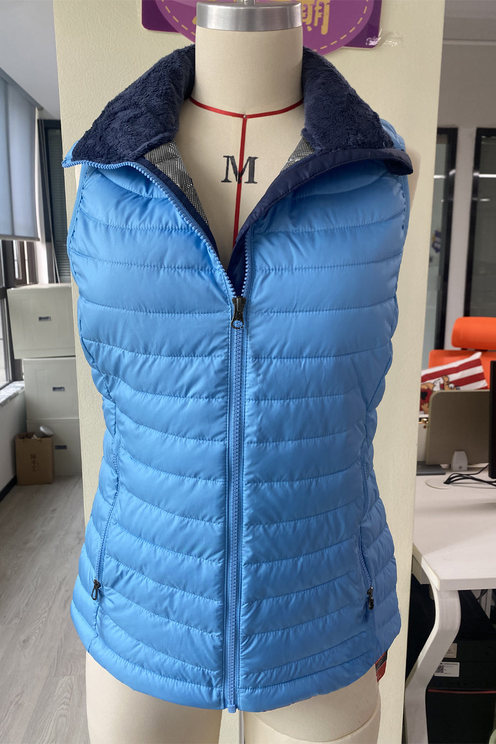 Plush Collared Quilted Zipped Puffer Vest | Sky Blue