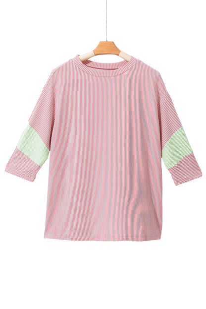 Colour Block Ribbed Knit Quarter Sleeve Top | Light Pink