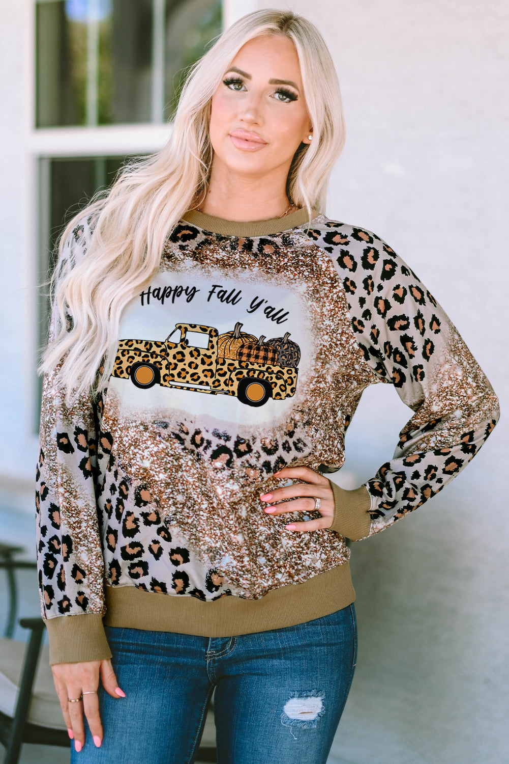 Tie Dyed Pumpkin Truck Graphic Long Sleeve Top | Leopard