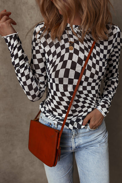 Checkered Pattern Mesh Mock Neck Long Sleeve Top | Black