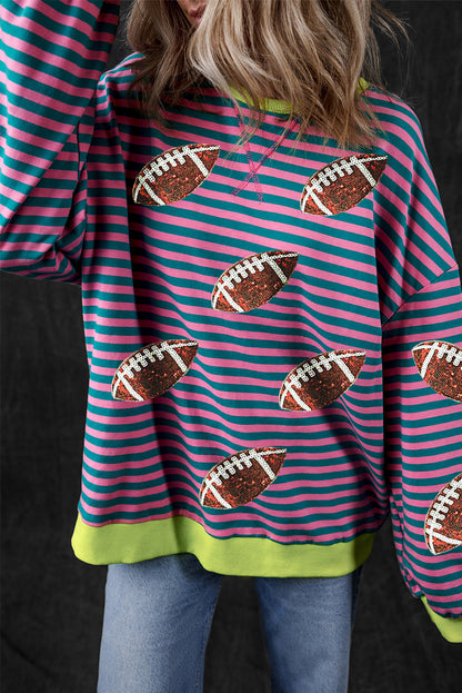 Sequin Rugby Football Graphic Colourblock Edge Game Day Sweatshirt | Green Stripe