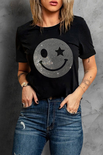 Sparkle Rhinestone Smile Face Graphic T Shirt | Black