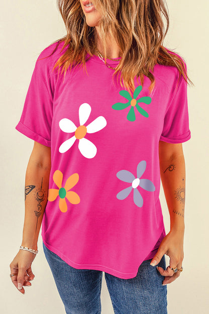 Summer Flower Print Fashion Cotton Tee | Rose Red