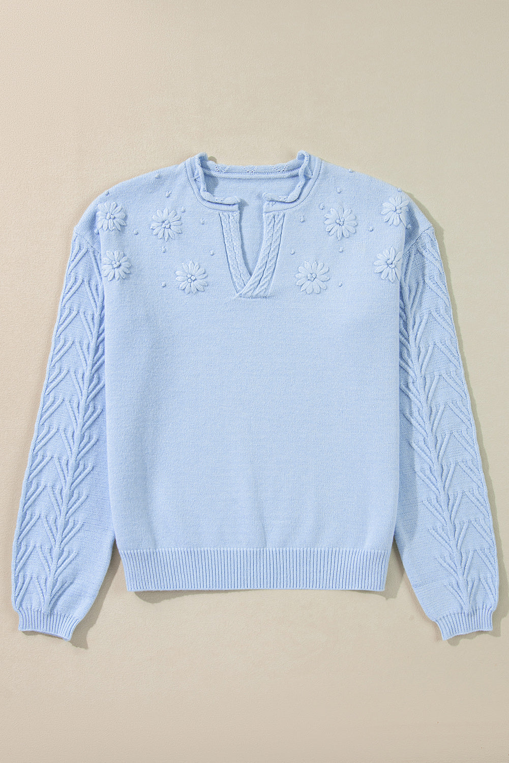 Flower Detail Knitted Notched Neck Sweater | Beau Blue