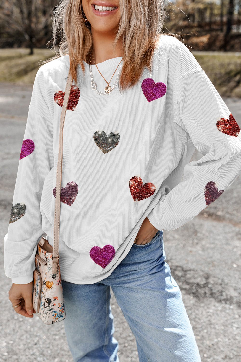 Valentines Heart Patched Pattern Corded Pullover Sweatshirt | White