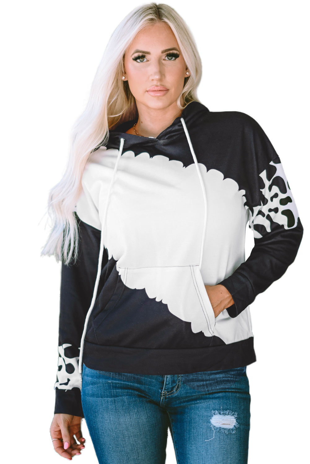 Cow Tie Dye Print Pocketed Drawstring Pullover Hoodie | Black