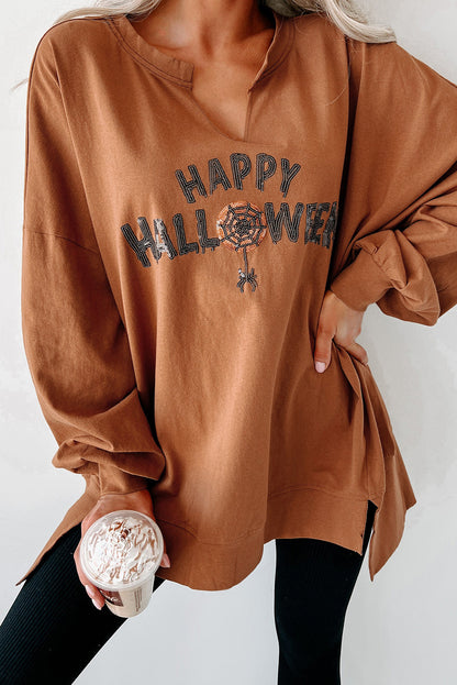 Sequin Happy Halloween Graphic Notched Neck Long Sleeve Loose Top | Chestnut