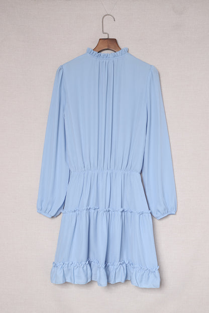 Light Blue V Neck Long Sleeve Ruffle Tiered Mini Dress | Sky Blue