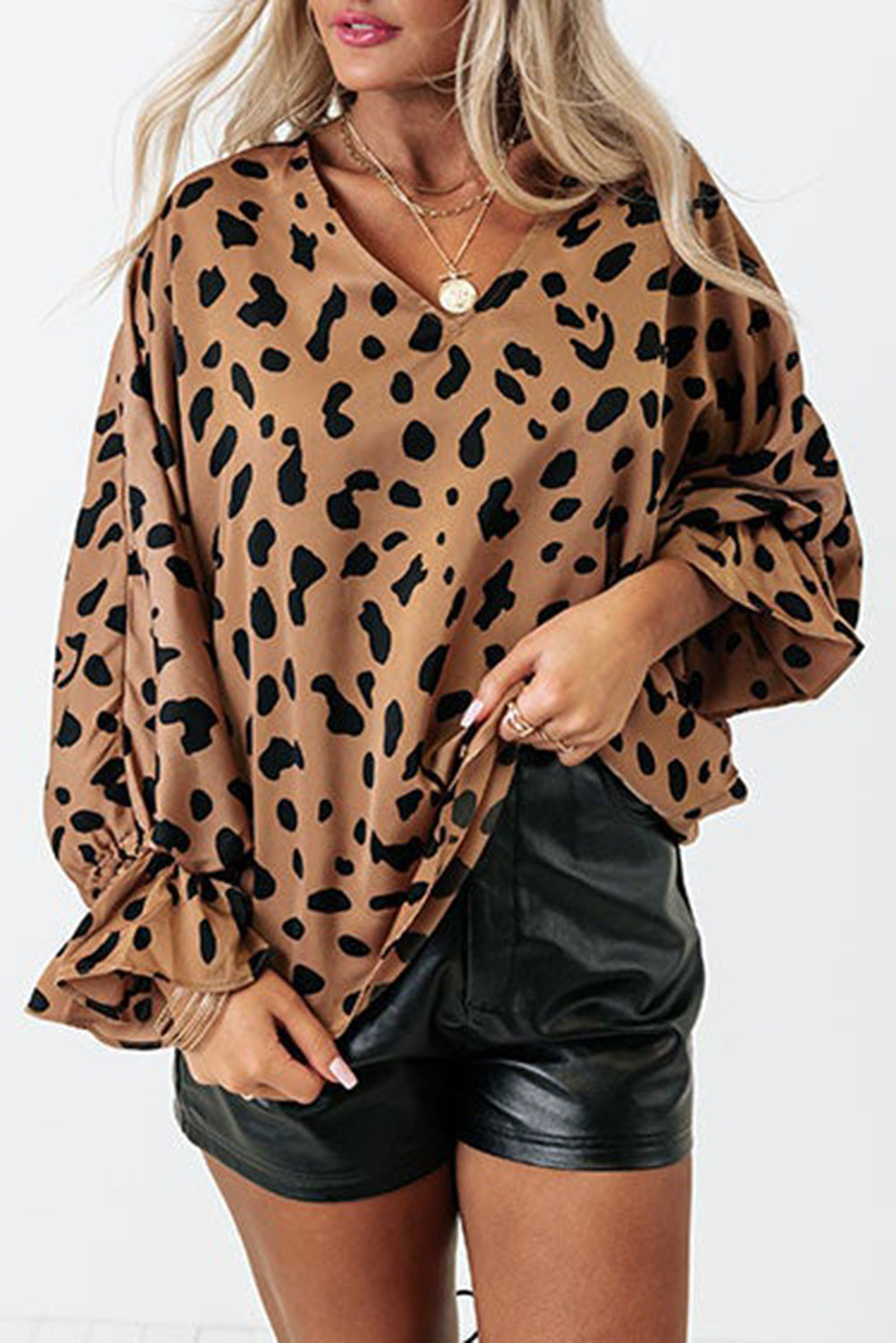 V Neck Ruffled Cuffs Loose Blouse | Leopard