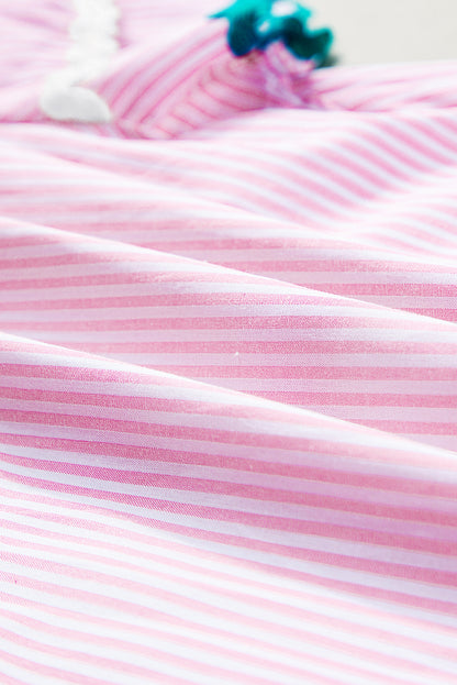 Ricrac Trim Split Neck Striped Ruffled Sleeve Blouse | Pink Stripe