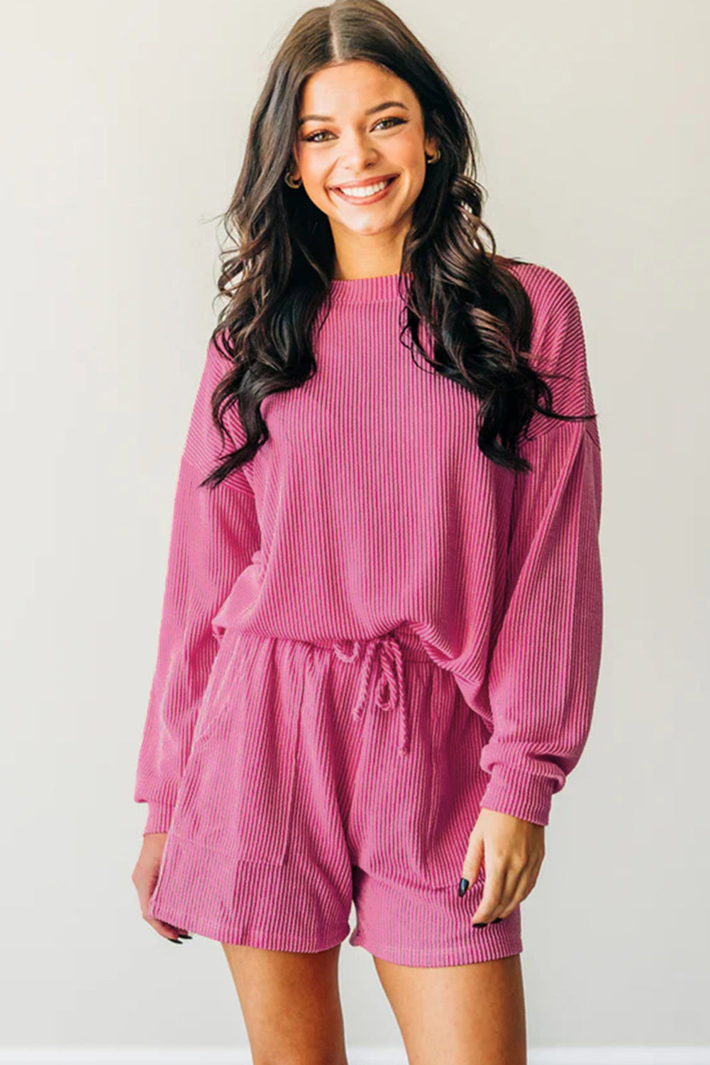 Corded Textured Long Sleeve Top And Shorts Set | Strawberry Pink