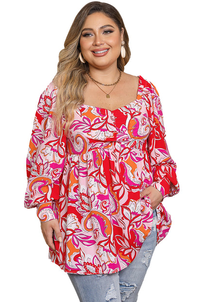 Fiery  Plus Size Floral Sweetheart Neck Babydoll Blouse | Red