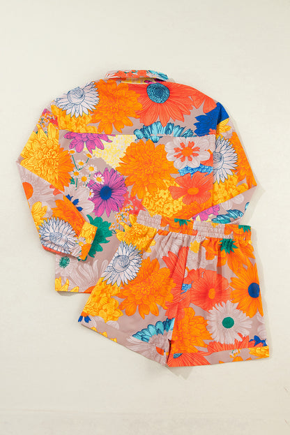 Floral Printed Shirt Two Piece Drawstring Shorts Set | Orange