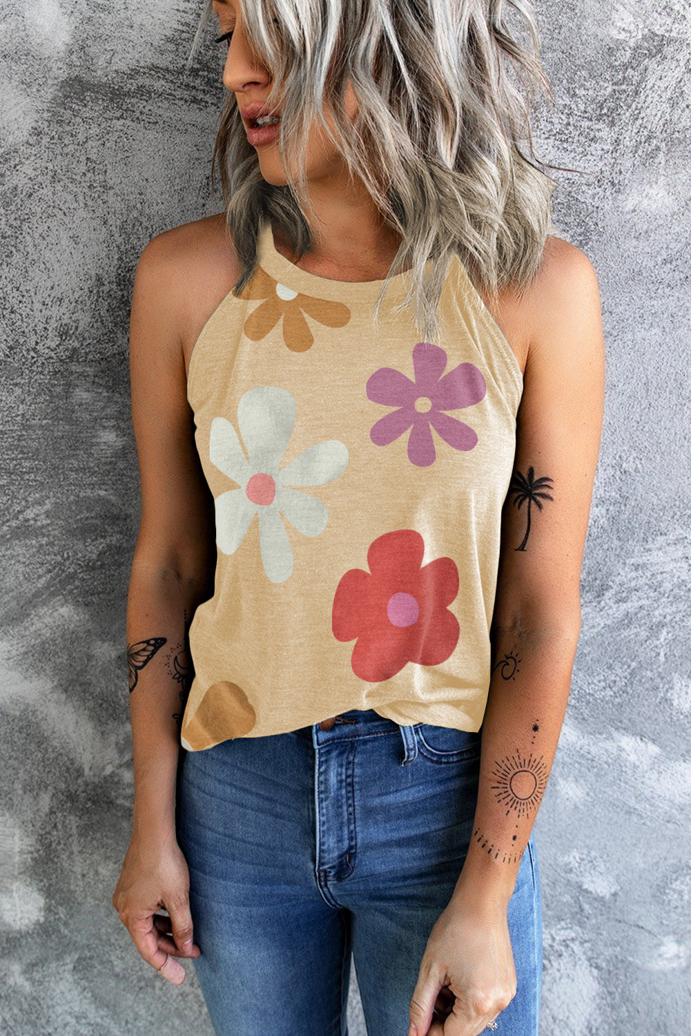 Flower Print Round Neck Tank | Khaki