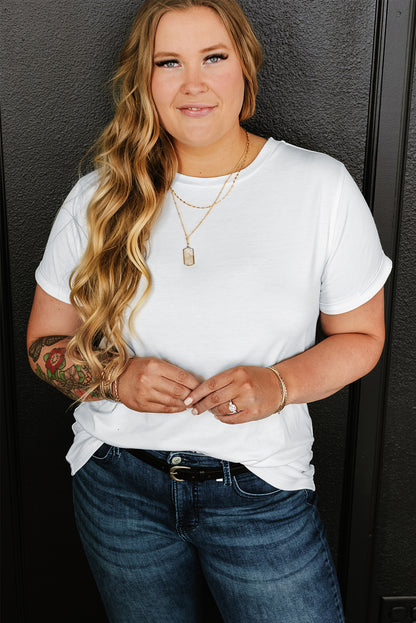 Round Neck Rolled Sleeve Plus Size T-Shirt | White