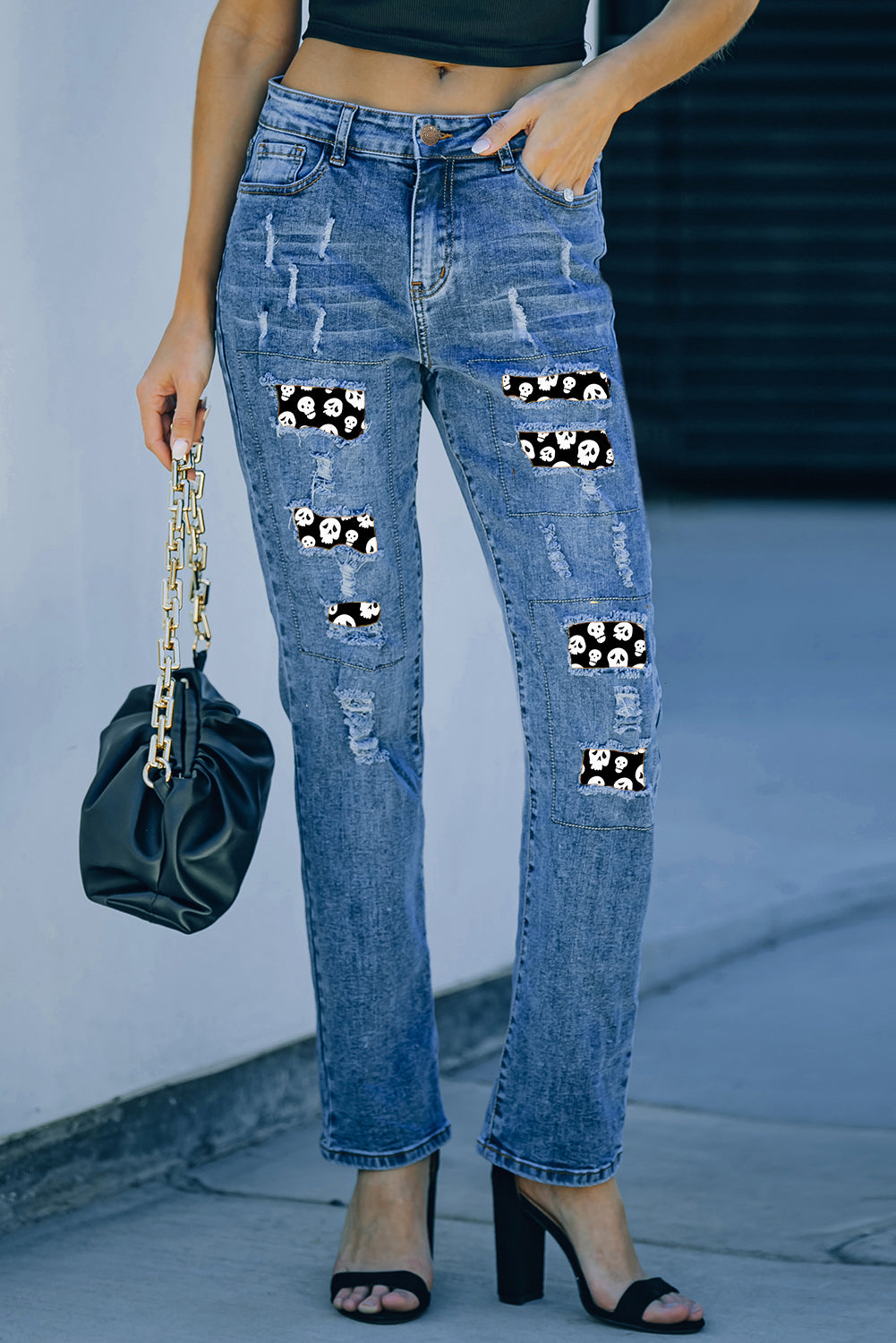 Halloween Skull Patchwork Distressed Straight Jeans | Sky Blue