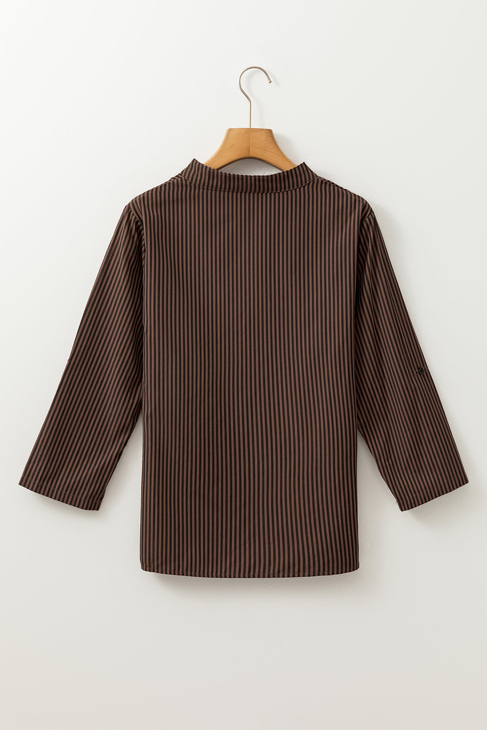 V Neck Roll Up Sleeve Pocket Patched Classic Shirt | Brown Stripe