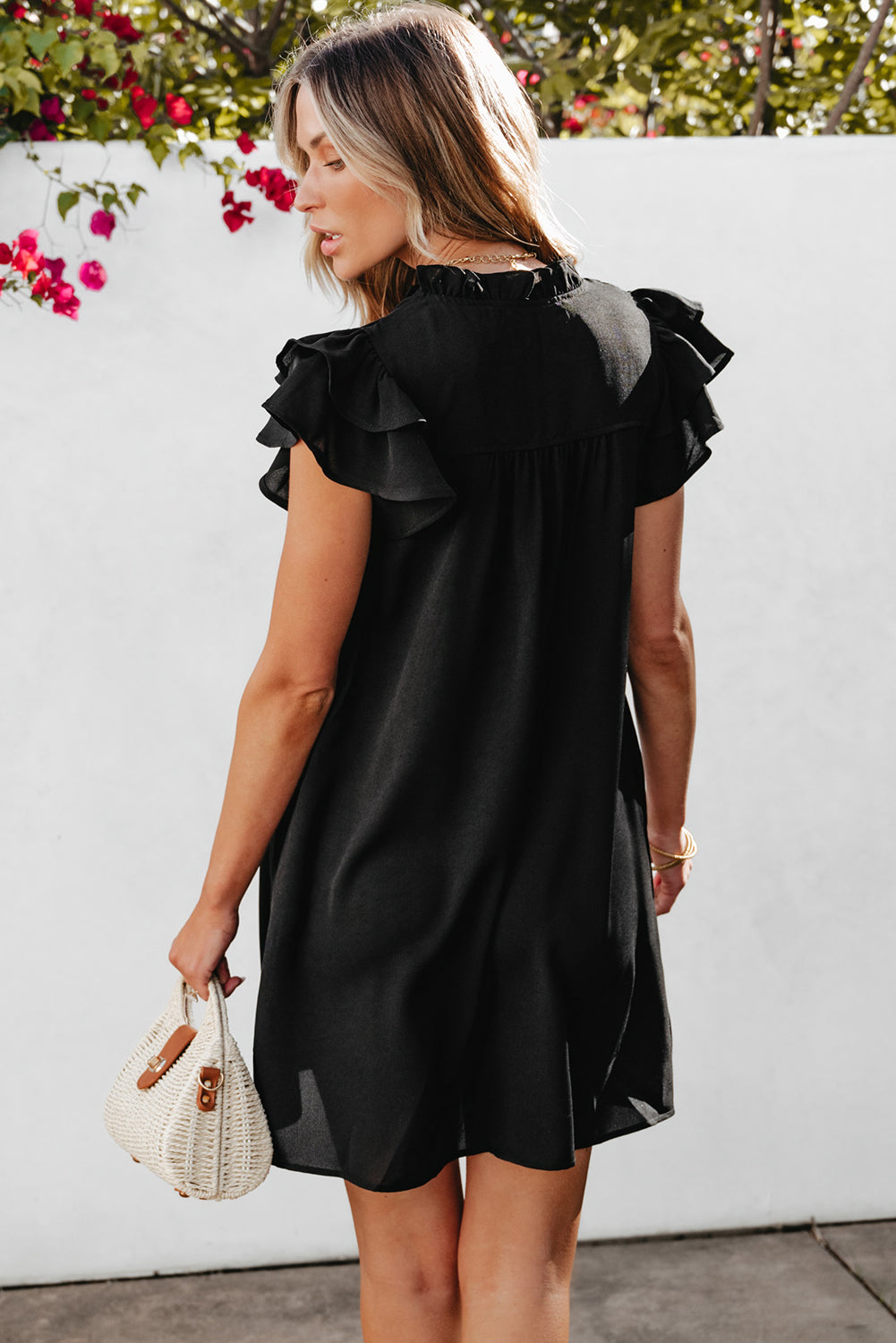 Ruffle Sleeve V Neck Frilled Shift Dress | Black