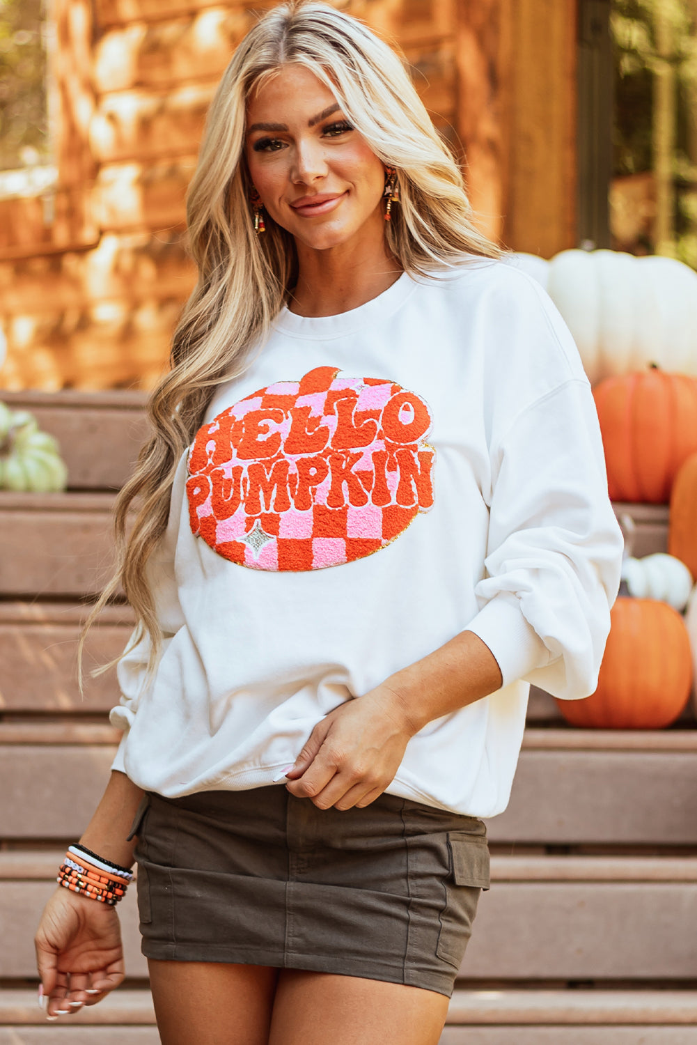 Terry Halloween Pumpkin Patched Pattern Pullover Sweatshirt | White