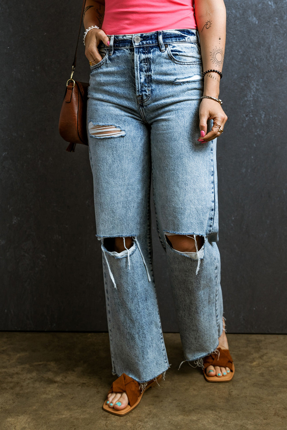 Distressed Ripped Raw Hem Straight Jeans | Light Blue