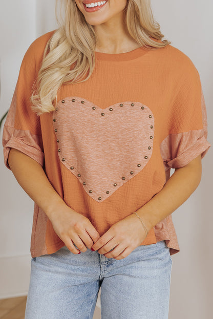 Stud Heart Patch Textured Front Dolman Top | Desert Gold