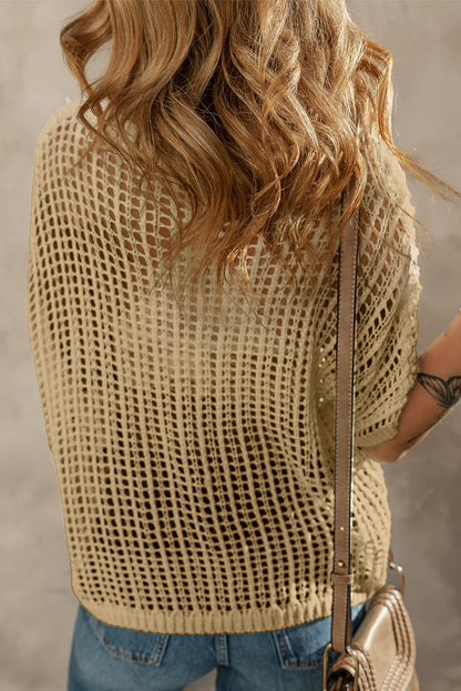 Crochet Flower Hollow-Out Sweater T Shirt | Light French Beige