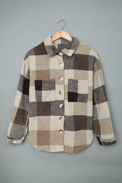 Plaid Colour Block Buttoned Long Sleeve Jacket With Pocket | Khaki