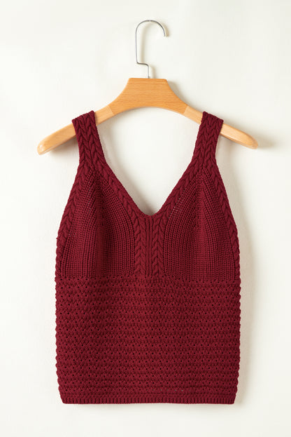 Cable Knit Pointelle Slim Fit V Neck Sweater Vest | Burgundy