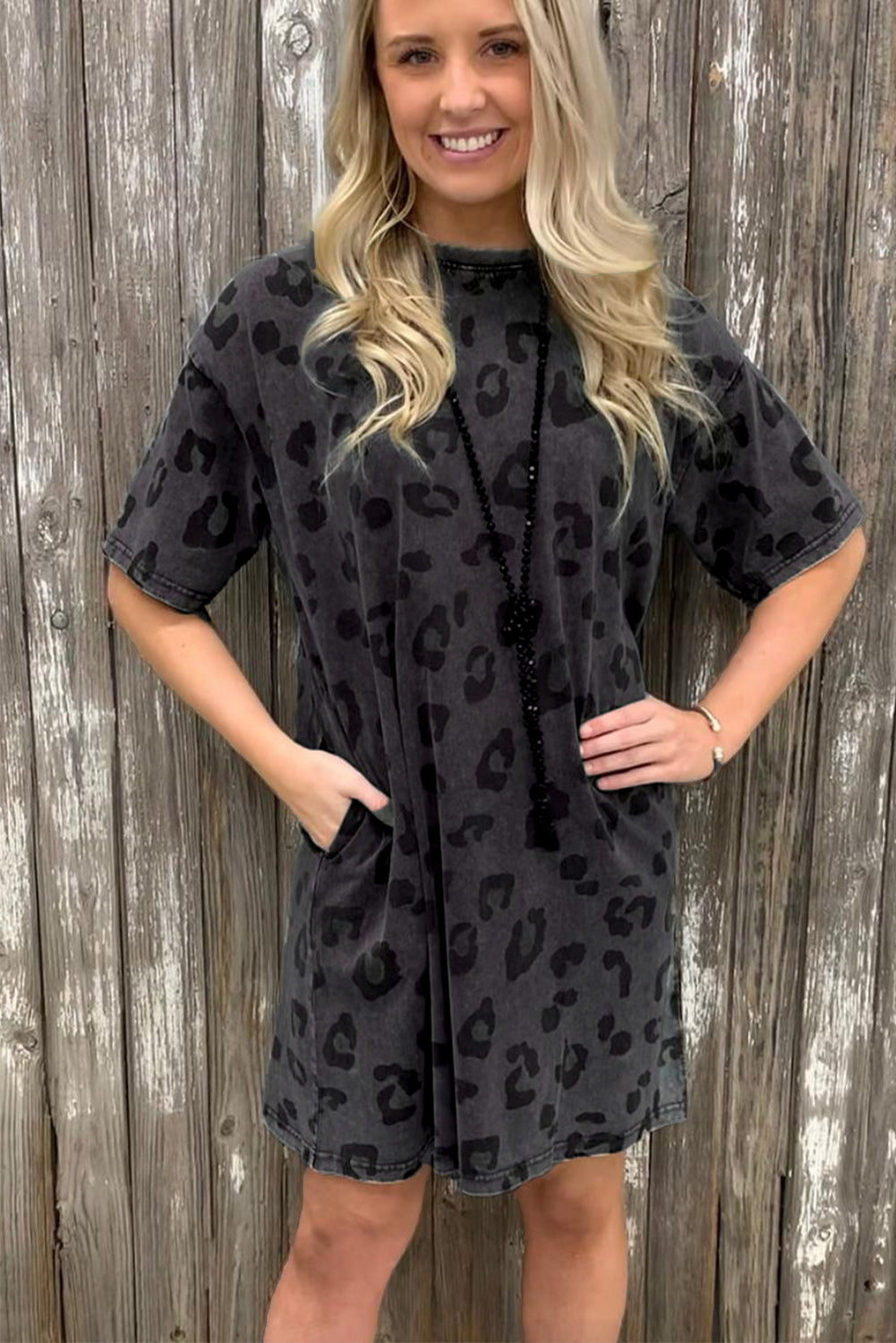 Vintage Washed Leopard T-Shirt Dress With Pockets | Gray