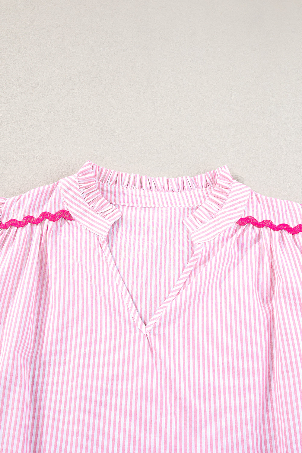 Ricrac Trim Split Neck Striped Ruffled Sleeve Blouse | Pink Stripe