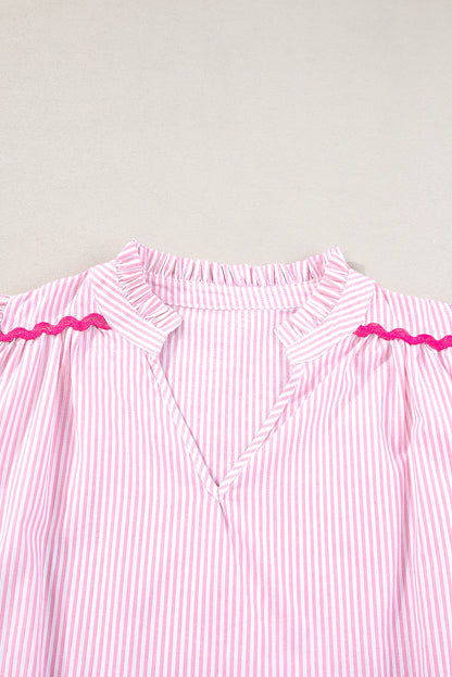 Ricrac Trim Split Neck Striped Ruffled Sleeve Blouse | Pink Stripe