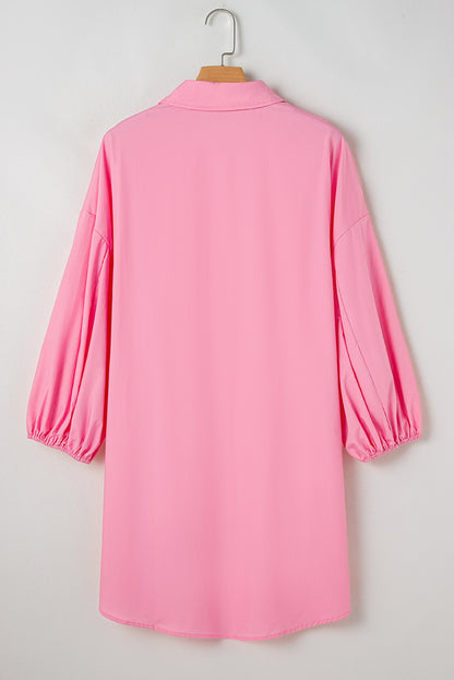 Balloon Sleeve Button Up Mini Shirt Dress | Bright Pink