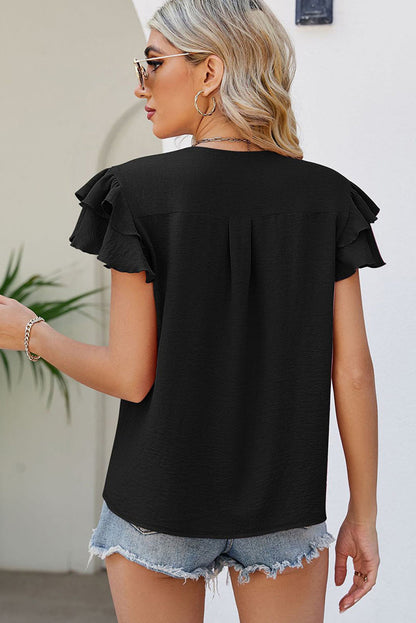 V Neck Ruffle Short Sleeve Blouse | Black