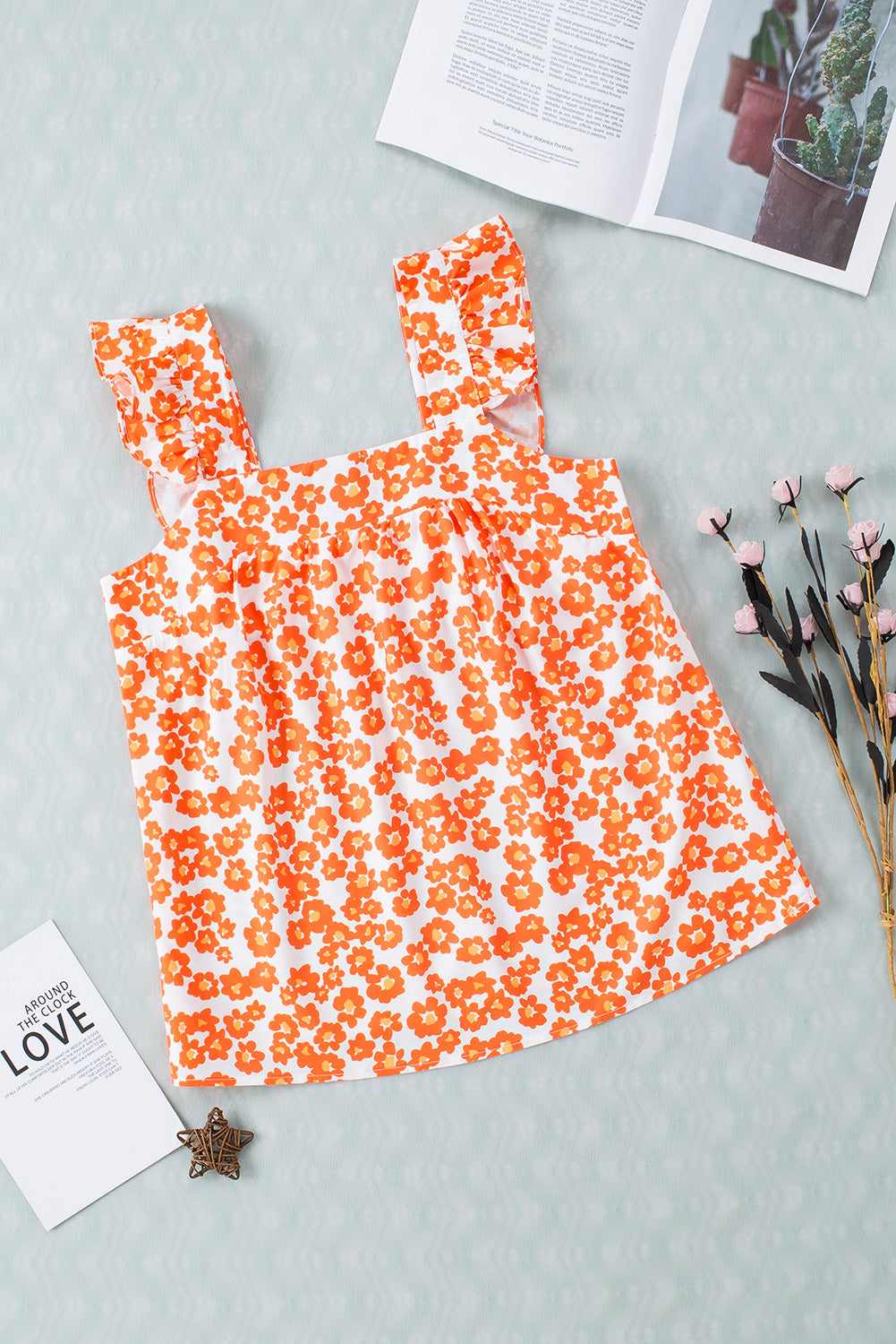 Floral Print Square Neck Ruffle Tank Top | Orange