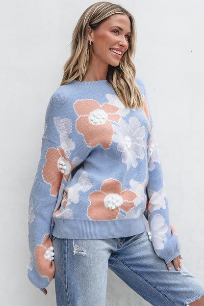 Floral O Neck Drop Shoulder Knitted Sweater | Beau Blue