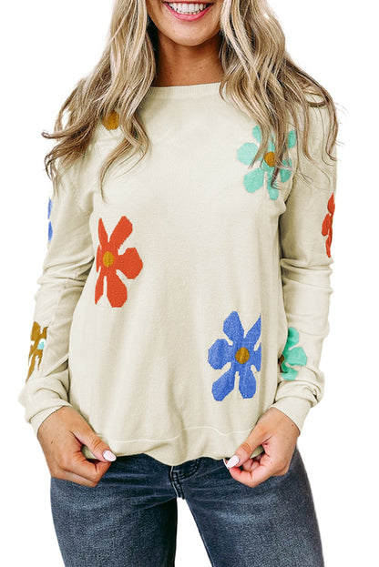 Sweet Floral Pullover Sweater | White