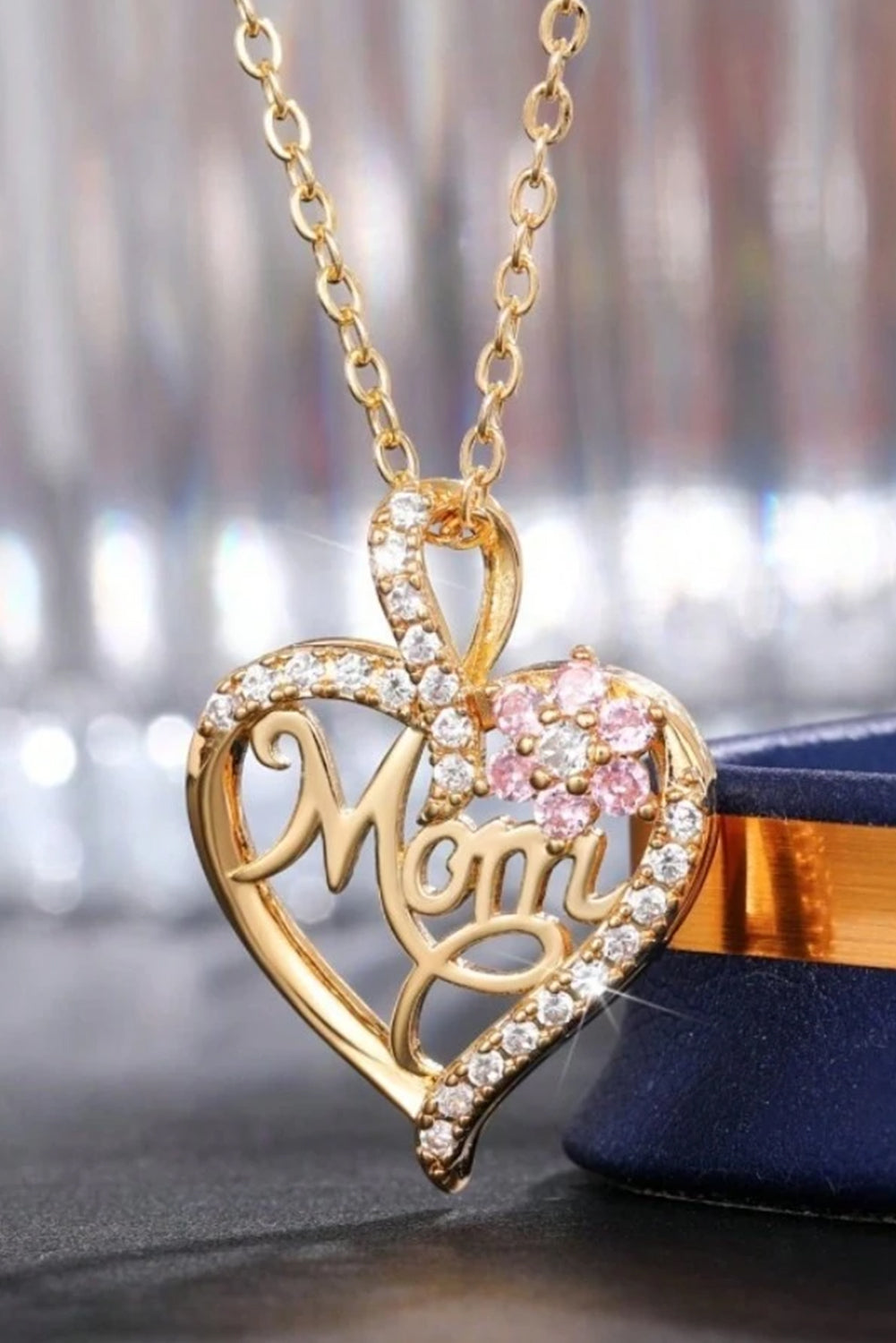 Mom Rhinestone Flower Hollow-Out Heart Necklace | Gold