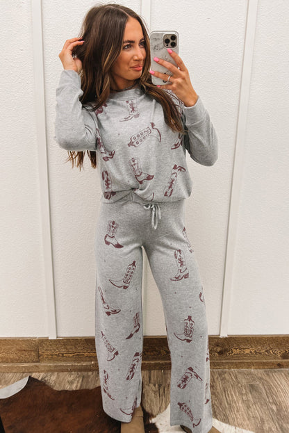 Cowgirl Boots Printed Long Sleeve Top Pants Lounge Set | Gray