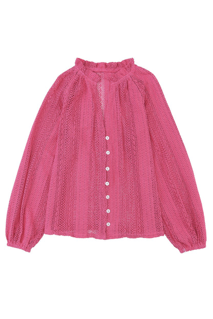 V-Neck Long Sleeve Button Up Lace Shirt | Rose