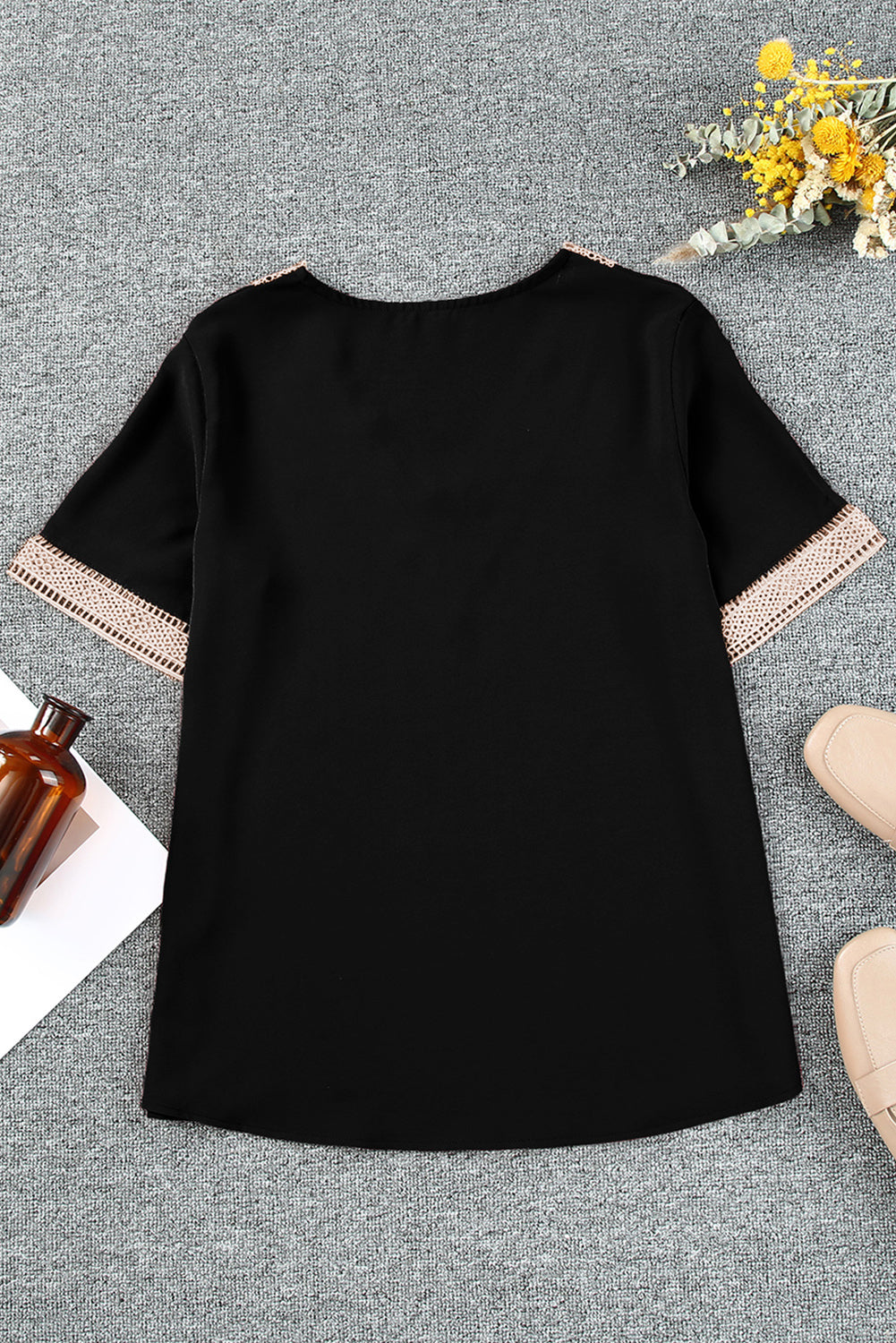 Lace Trim Short Sleeve V Neck Plus Size Top | Black