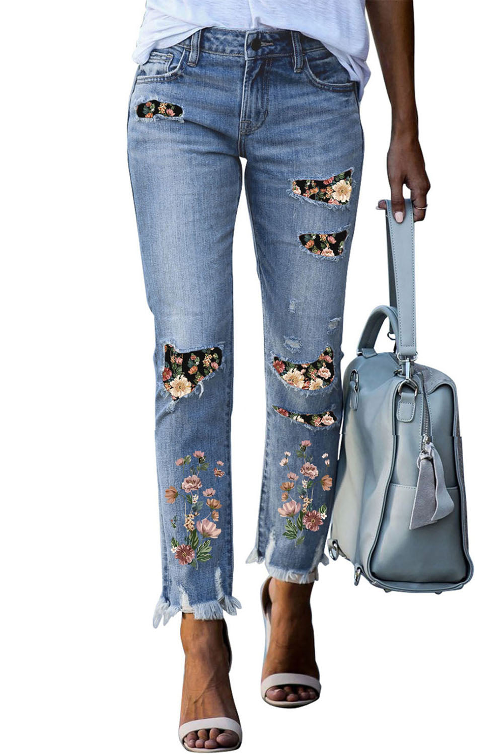 Printed Patch Ripped Skinny Jeans | Sky Blue